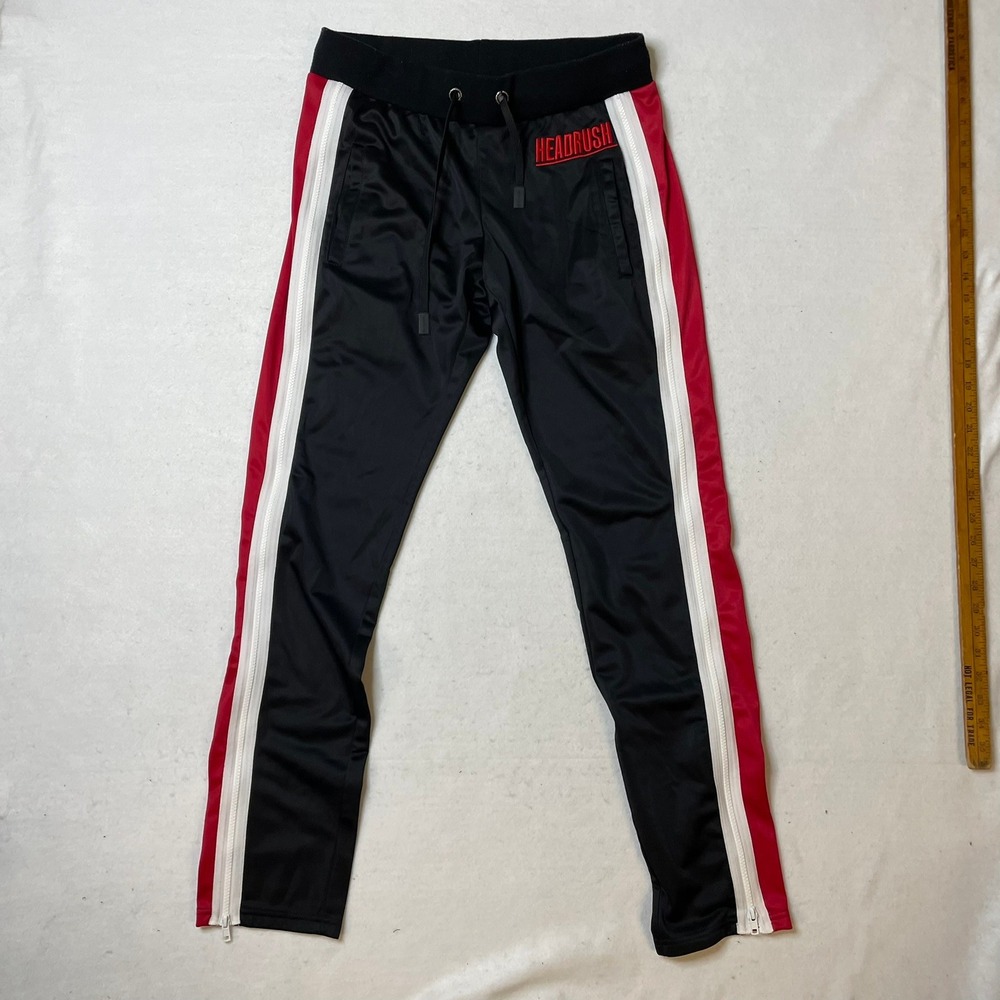 Mens HEADRUSH‎ Track Pants Small Black Red White Striped Joggers Zip Hem
